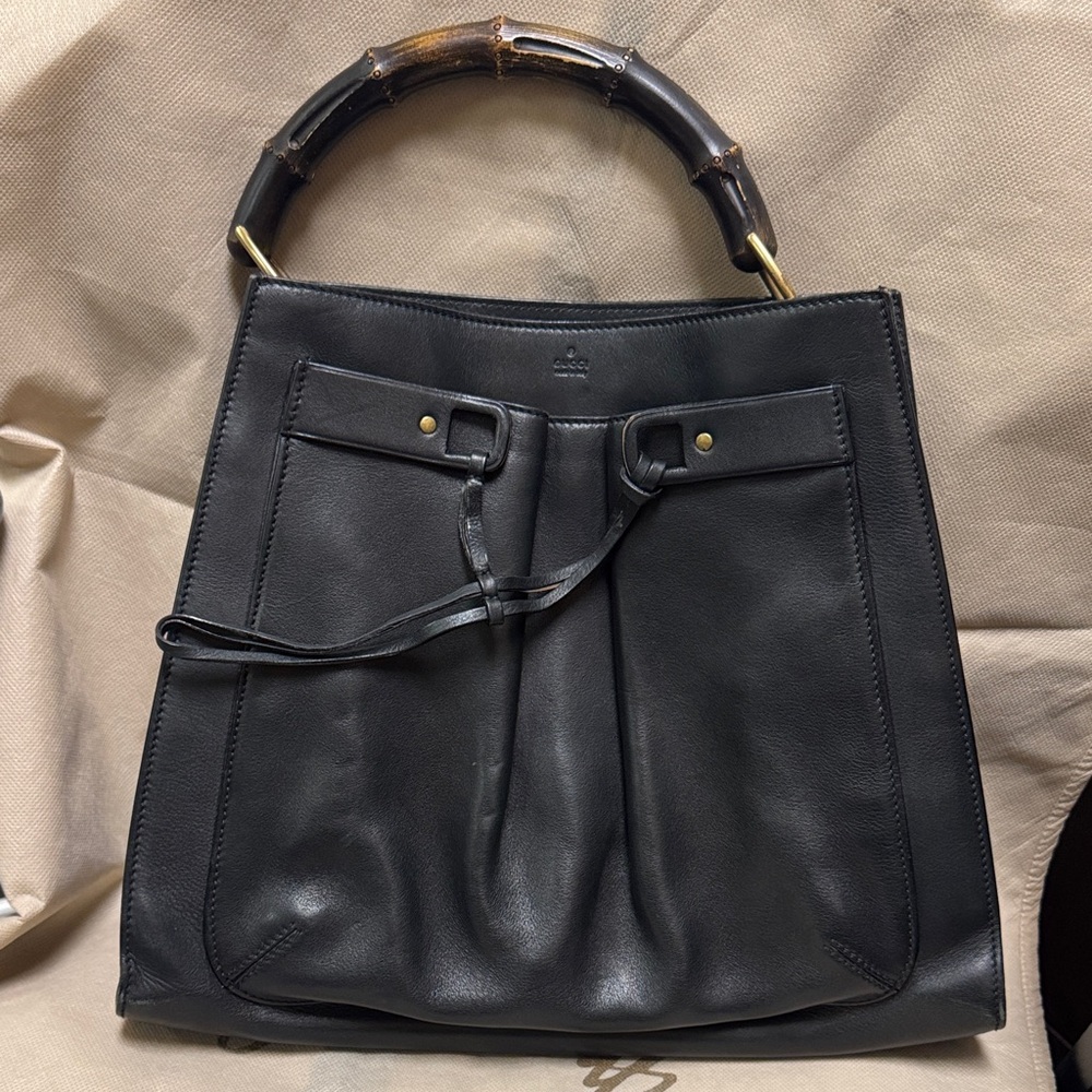 GUCCI BAMBOO FRONT POCKET BLACK LEATHER TOTE BAG